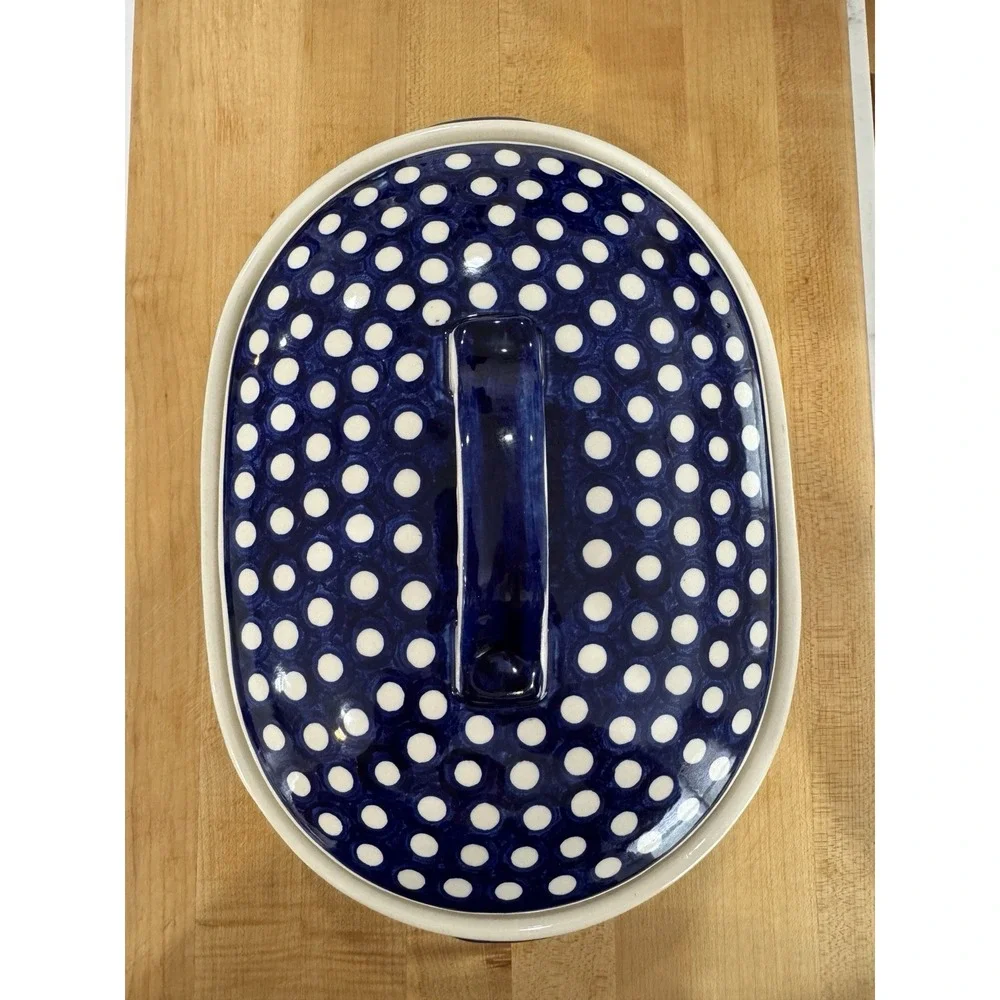 Handmade BOLESLAWIEC Polish Blue Pottery Oval  Baker With Lid WIZA